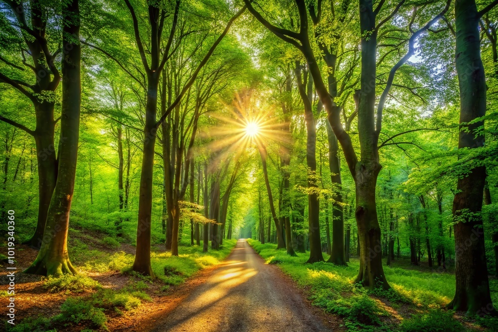 Obraz premium Serene Forest Path Through Lush Green Trees with Sunlight Filtering and a Peaceful Atmosphere