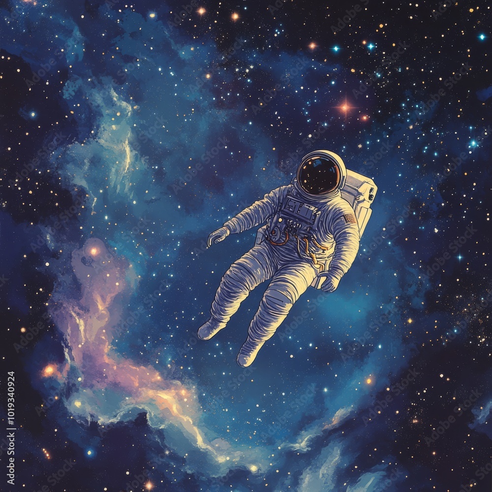 An astronaut floats in space against a backdrop of stars and nebulae. An astronaut floats in space against a backdrop of stars and nebulae.
