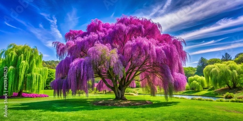 Serene Japanese Purple Willow Tree Surrounded by Lush Greenery Under a Clear Blue Sky in Nature