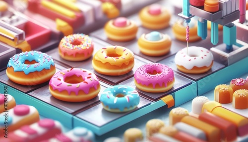 Colorful donuts on a conveyor belt with frosting being piped onto them.