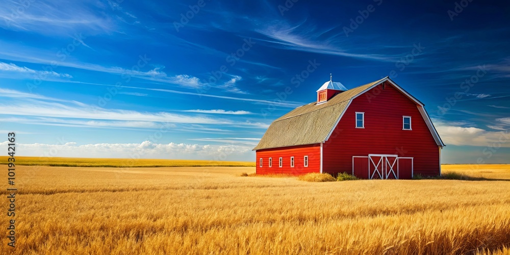A Vibrant Red Barn Stands Tall Against a Expansive Golden Field, Bathed in Warm Sunlight and Framed by a Sky of Unending Blue