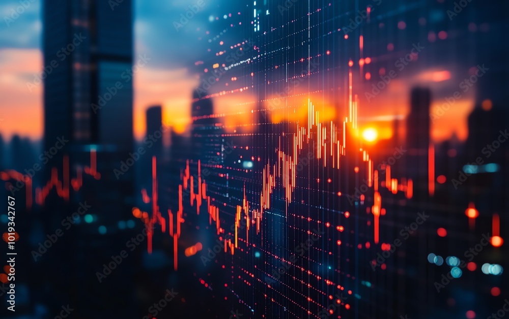 Financial chart with sunset in the background, digital effect Financial chart with sunset in the background, digital effect