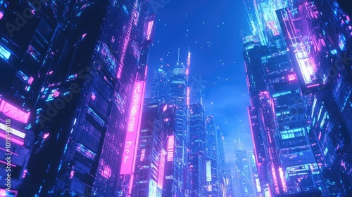 Futuristic Cityscape with Neon Lights and Japanese Characters