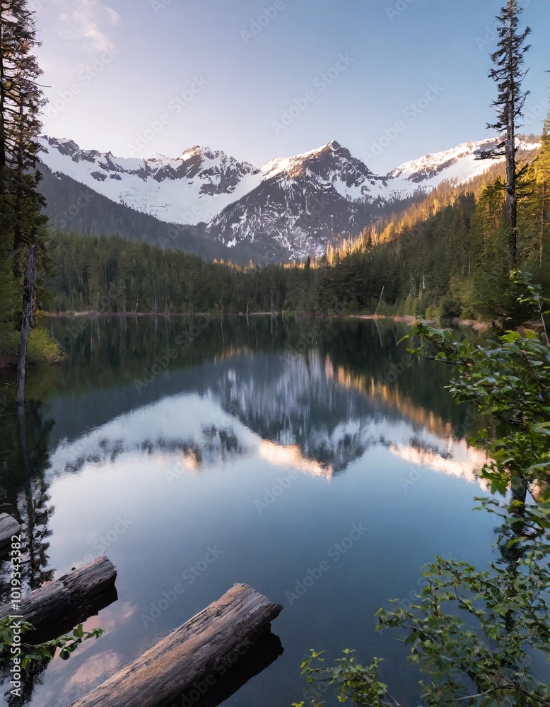 Serene Lake Nestled Between Snow-Capped Peaks and Lush Forests, Reflecting the Sunshine and Surrounding Scenery on Its Glassy Surface During Early Morning Serene Lake Nestled Between Snow-Capped Peaks and Lush Forests, Reflecting the Sunshine and Surrounding Scenery on Its Glassy Surface During Early Morning