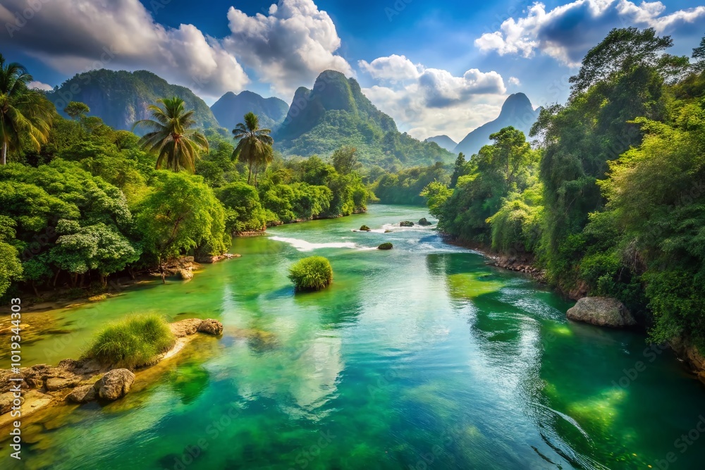 Fototapeta premium Serene Nam Khan River Landscape in Laos with Lush Greenery and Tranquil Waters Under Clear Sky