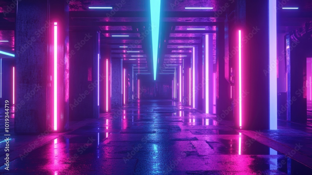 Wet Concrete Corridor Illuminated by Neon Lights Wet Concrete Corridor Illuminated by Neon Lights