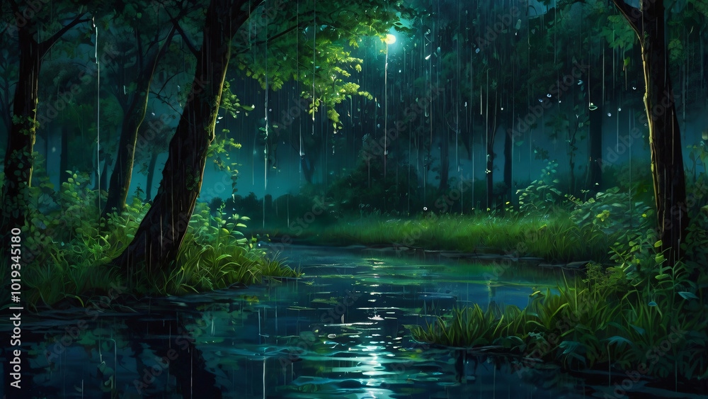 Obraz premium Rain in a forest, relaxing , quiet and serene atmosphere