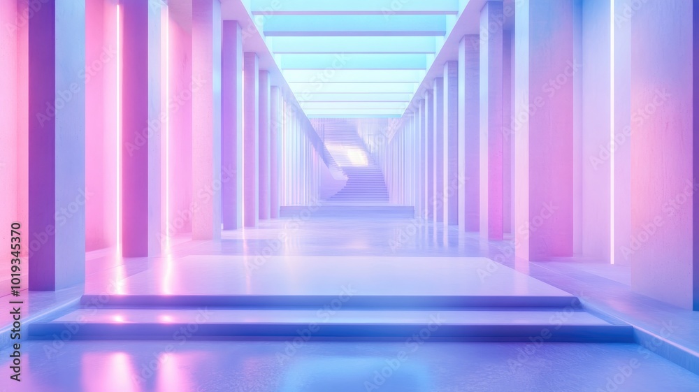 Obraz premium Neon-Lit Hallway with Staircase and Platform