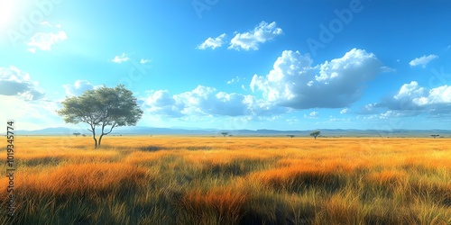 A lone tree stands tall in a vast, golden savanna under a bright blue sky, offering a sense of tranquility and vastness.