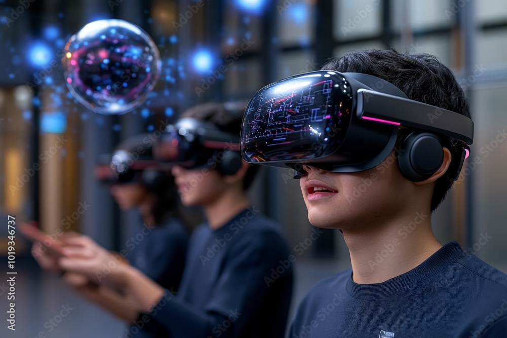 3D-rendered image of students using VR headsets in a collaborative learning environment, interacting with virtual objects and simulations in tomorrow's education 3D-rendered image of students using VR headsets in a collaborative learning environment, interacting with virtual objects and simulations in tomorrow's education