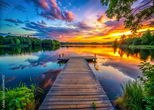 Serene Summer Lake Dock at Sunset Surrounded by Lush Greenery and Calm Waters in Nature's Beauty