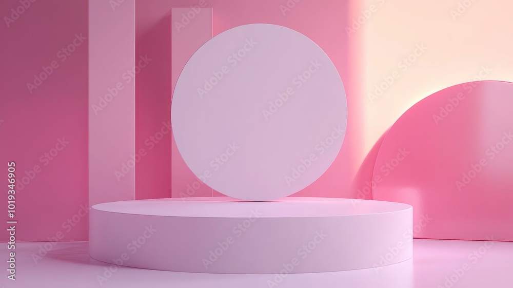 A Minimalist Pink Cylindrical Platform with Geometric Shapes A Minimalist Pink Cylindrical Platform with Geometric Shapes