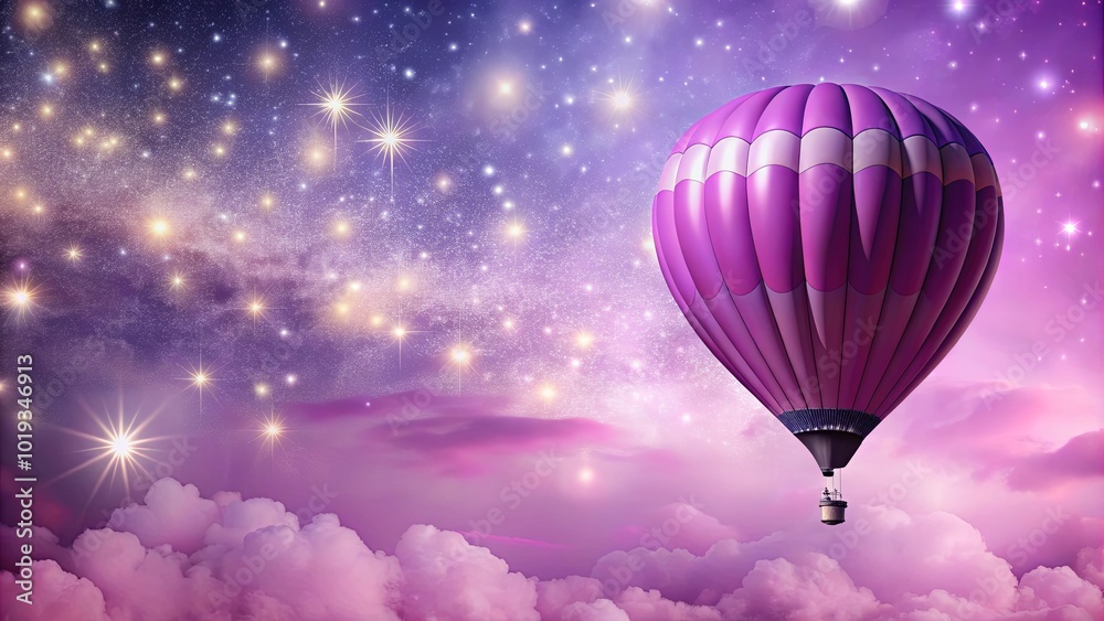 Obraz premium A single hot air balloon glides serenely through a celestial expanse, its vibrant purple hue contrasting with the ethereal glow of distant stars and a swirling, dreamlike cloud field.