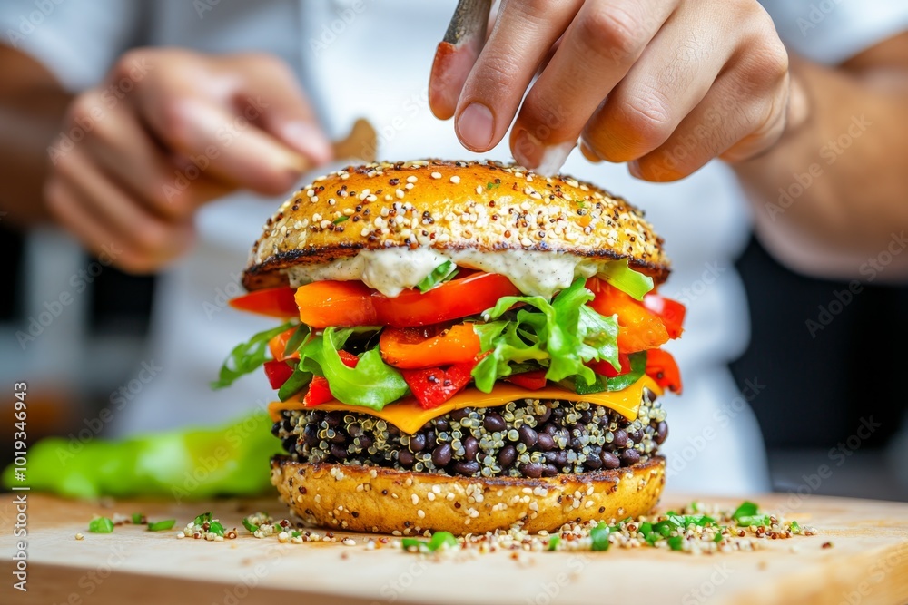 A chef preparing a vegan burger made with black beans and quinoa, topped with fresh vegetables, reflecting the creativity in vegan eating A chef preparing a vegan burger made with black beans and quinoa, topped with fresh vegetables, reflecting the creativity in vegan eating