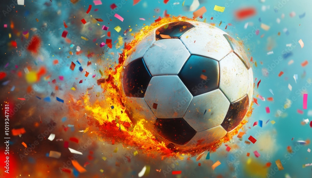 Fototapeta premium A flaming soccer ball with confetti flying around it.