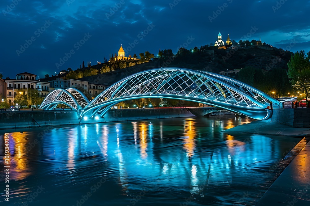 Obraz premium Bridge over the river at night in Tbilisi, Georgia.