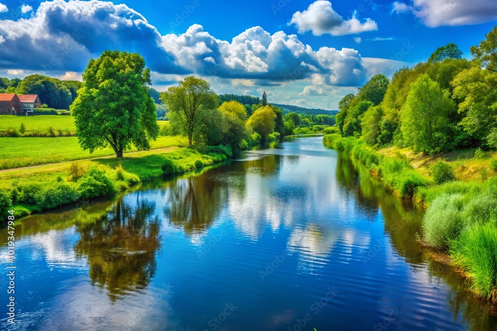 Serene View of Yser River Flowing Through Lush Greenery Under a Bright Blue Sky in Belgium Serene View of Yser River Flowing Through Lush Greenery Under a Bright Blue Sky in Belgium