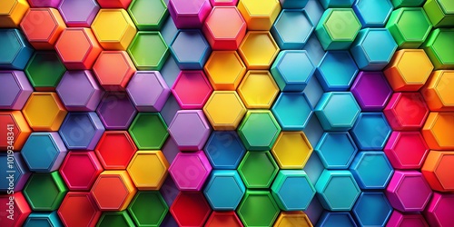 A captivating display of geometric shapes, each hexagon a vibrant hue, creating an optical illusion of depth and dimension.