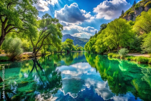 Serene Waters of Potamia: A Picturesque Landscape with Lush Greenery and Tranquil Reflections
