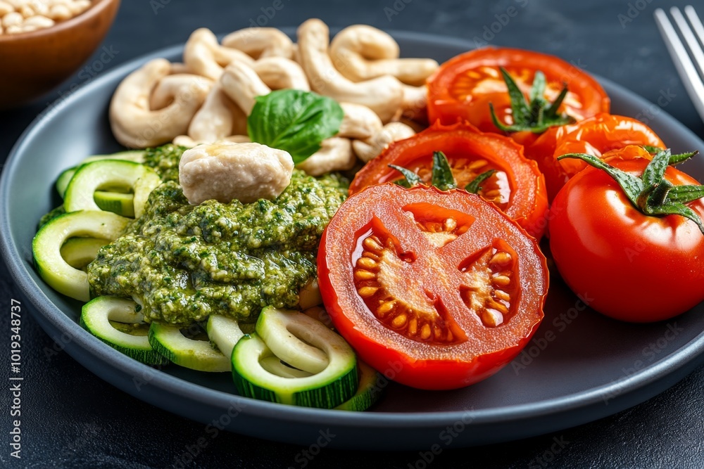 A plate of zoodles (zucchini noodles) with vegan pesto, roasted tomatoes, and cashew cheese, representing a typical vegan meal A plate of zoodles (zucchini noodles) with vegan pesto, roasted tomatoes, and cashew cheese, representing a typical vegan meal