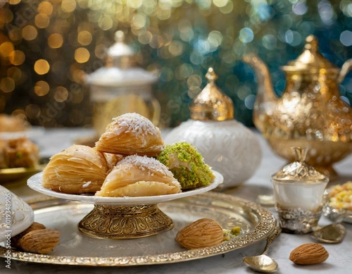 Gateaux et biscuits maghrébins, table de fête pour l’Aïd, fête musulmane
