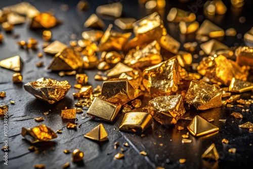 Shattered gold pieces scattered on a dark surface, showcasing the beauty of broken luxury and wealth