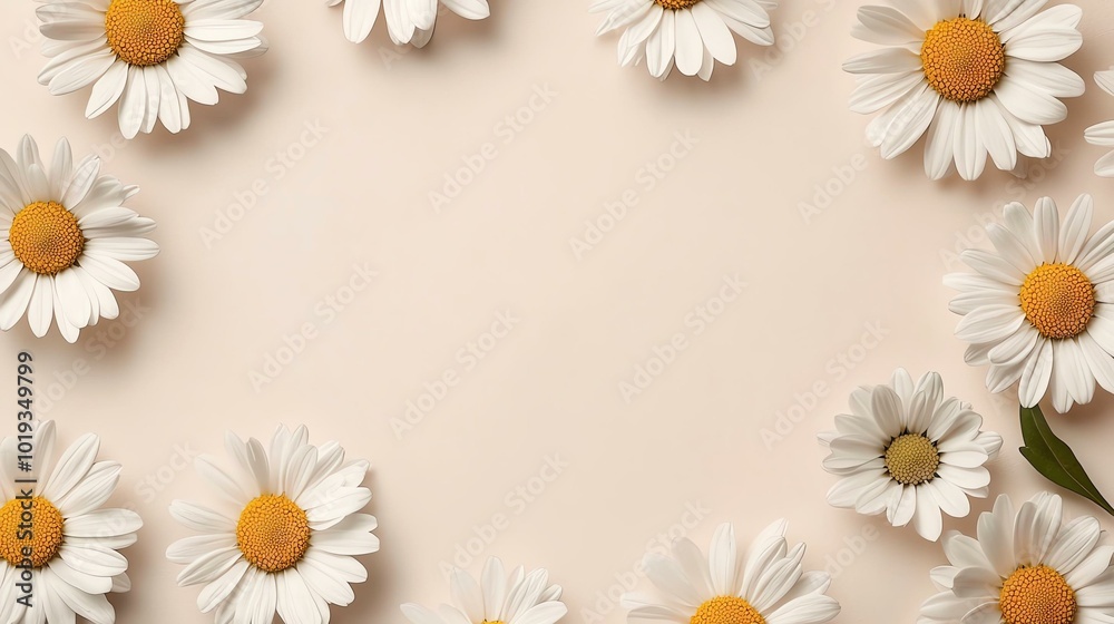 Flat lay of white daisies forming a border on a beige background, creating a fresh and natural floral frame with copy space in the center.