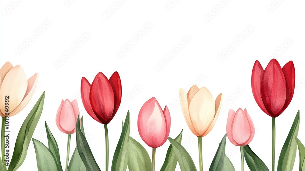 Vibrant watercolor tulips with green leaves against a white background, showcasing spring beauty and freshness in nature-inspired art. Vibrant watercolor tulips with green leaves against a white background, showcasing spring beauty and freshness in nature-inspired art.