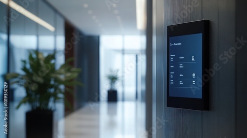 Smart Home Control Panel in Modern Office Hallway