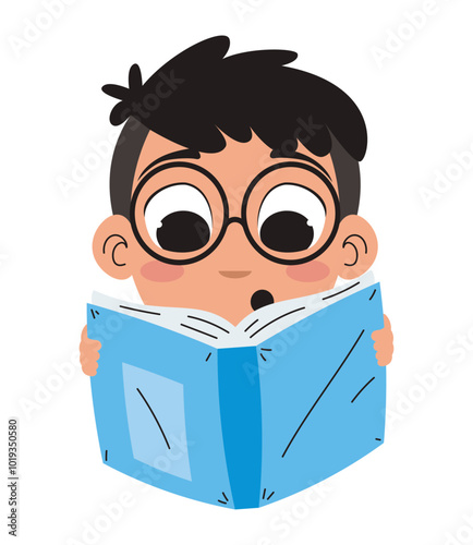 cartoon little boy reading book