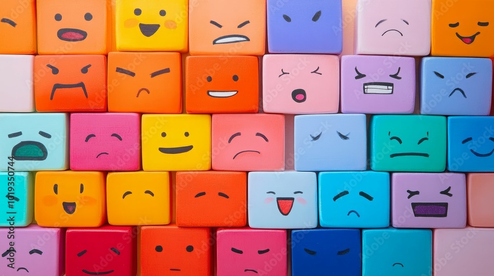 A wall of colorful blocks with different drawn-on faces. A wall of colorful blocks with different drawn-on faces.