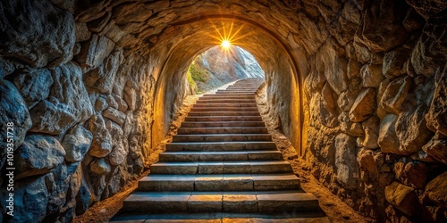 A stone archway reveals a path illuminated by the sun's golden rays, leading to a staircase ascending into the unknown