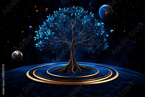 Fantasy depiction of a celestial tree connecting planets and stars, symbolizing the unity of the cosmos as seen through the lens of monism photo