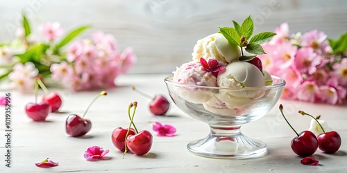 A bowl of ice cream with delicate pink flowers and fresh cherries, a symphony of sweet flavors and delicate beauty.