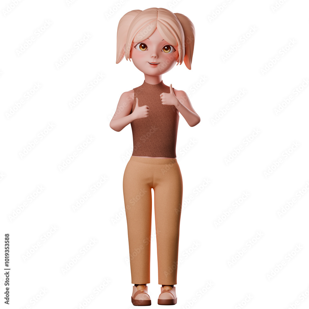 Chibi girl with pigtail hairstyles. thumb up with both hands, 3D Illustration render