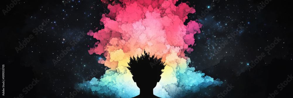 Obraz premium Silhouette of a person against a colorful sky with stars.