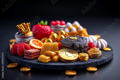 Hyper-realistic depiction of a puja thali filled with offerings of sweets, fruits, and gold coins, with intricate textures and reflections of the traditional items used in Lakshmi Puja photo