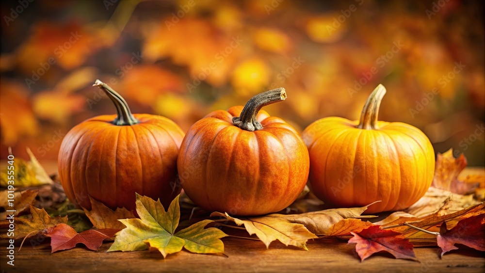 A trio of pumpkins resting on a bed of autumn leaves, their warm orange hues reflecting the vibrant colors of the season.