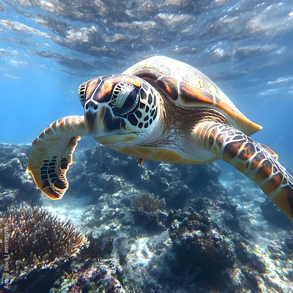 Fototapeta premium A sea turtle swims gracefully through the clear blue water, its shell a beautiful pattern of brown and black.