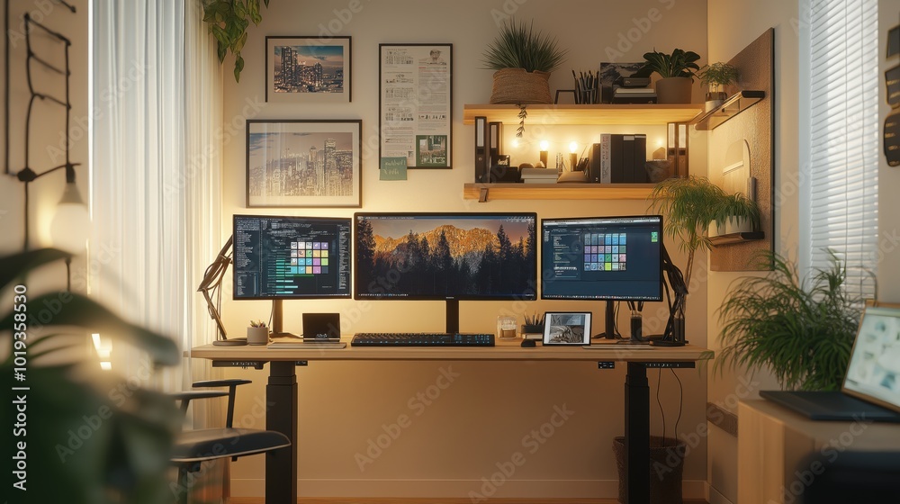 Modern home office with standing desk and monitors Modern home office with standing desk and monitors