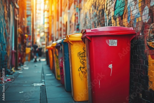 Colorful trash bins in graffiti-lined urban alley