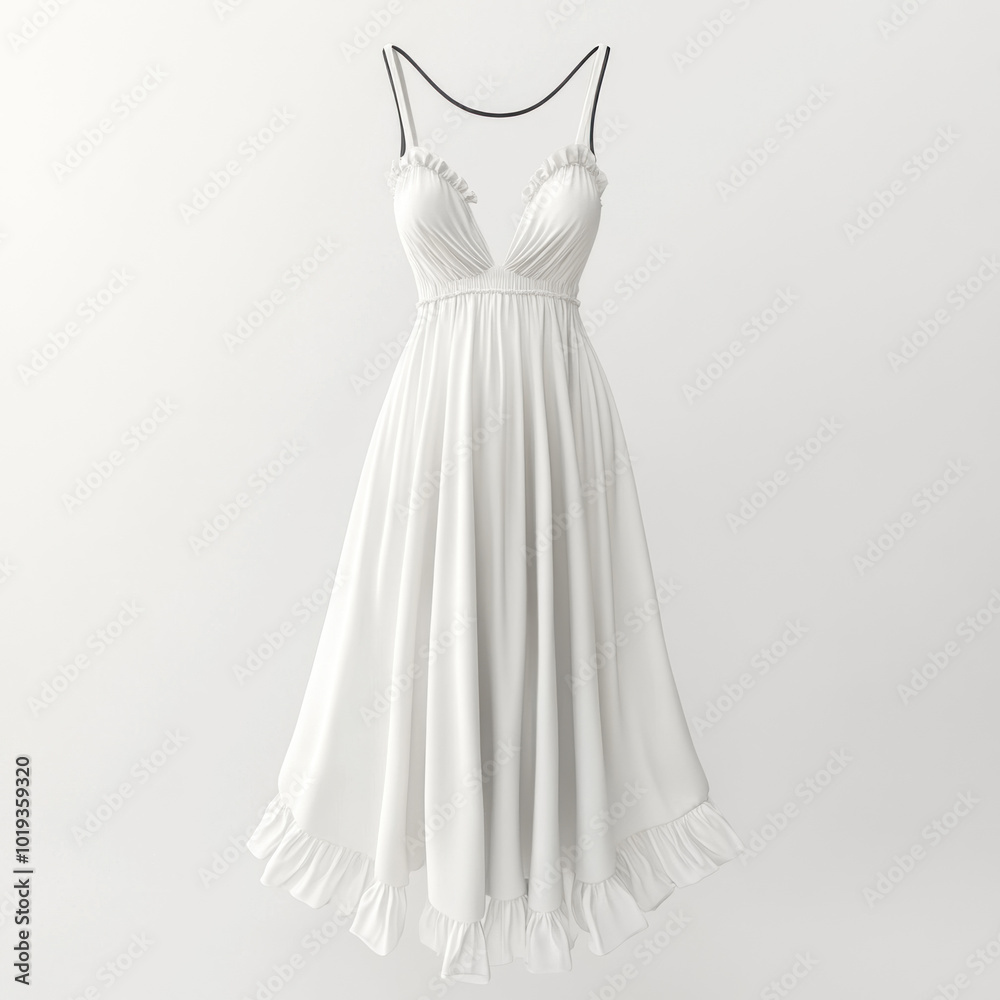 Fototapeta premium White dress hanging elegantly on a hanger against a soft grey background.