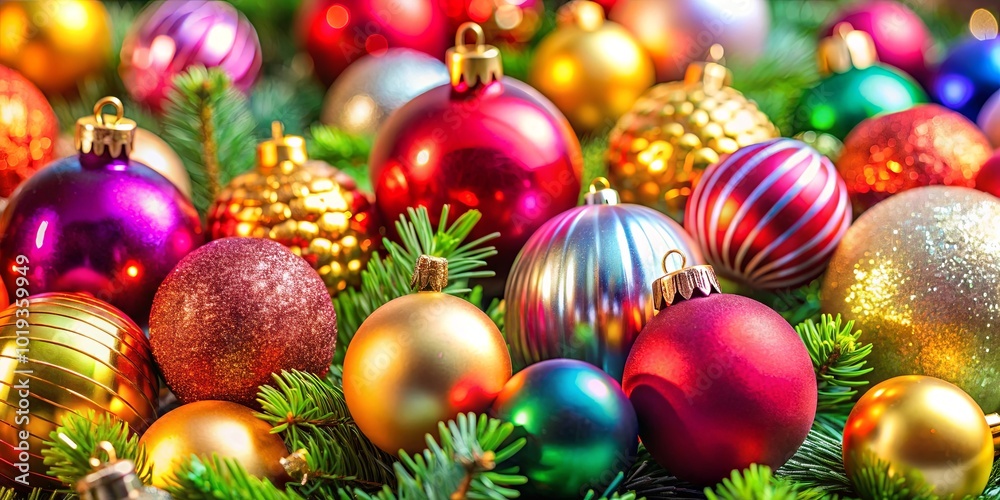 A Festive Tapestry of Shimmering Ornaments Embellished with Pine Needles and a Burst of Color A Festive Tapestry of Shimmering Ornaments Embellished with Pine Needles and a Burst of Color
