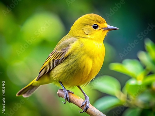 Small Greenish Yellow Bird Perched on a Branch in Natural Habitat with Soft Foliage Background