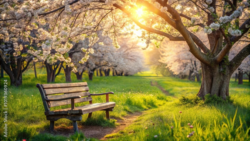 A solitary wooden bench positioned beneath a blooming tree, a warm golden light filtering through the branches and illuminating a sun-dappled path leading into a lush, verdant landscape. A solitary wooden bench positioned beneath a blooming tree, a warm golden light filtering through the branches and illuminating a sun-dappled path leading into a lush, verdant landscape.