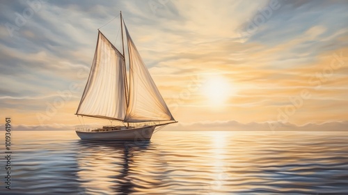 Sailboat on calm water at sunset.