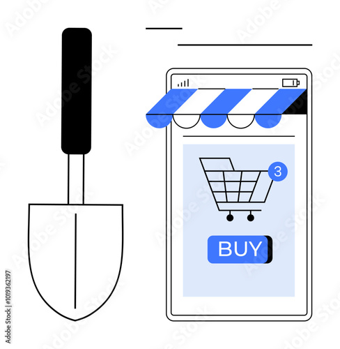 Digital shopping cart on a smartphone screen with garden trowel. Ideal for ecommerce, online shopping, gardening supplies, digital marketing, user experience. Clean and simple design