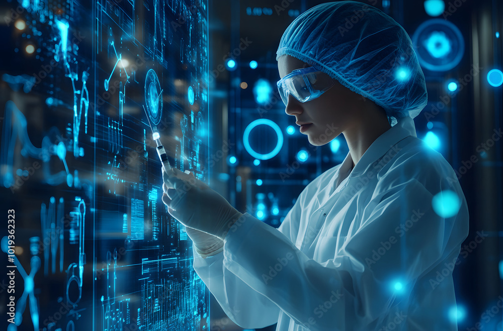 A scientist is holding a syringe with the needle pointing upward design, surrounded by icons representing medical research and technology design A scientist is holding a syringe with the needle pointing upward design, surrounded by icons representing medical research and technology design