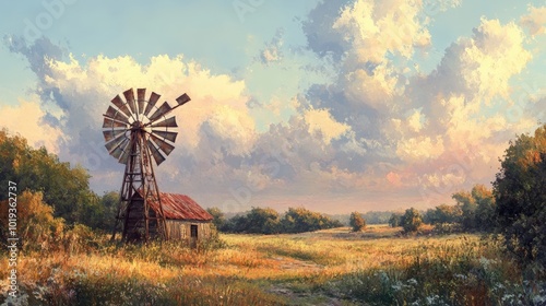 Rusty windmill in a field with a cloudy sky.