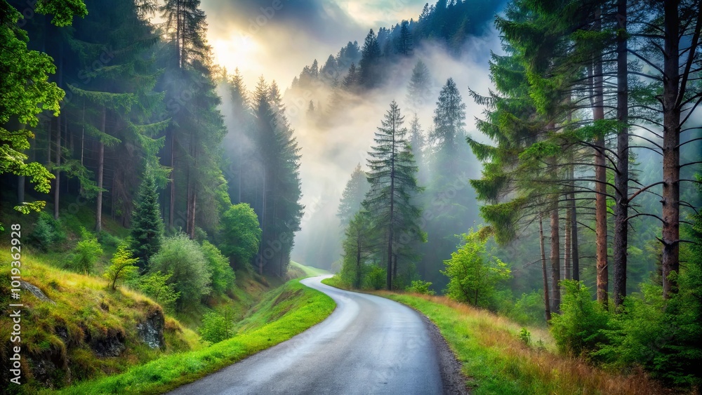 A winding paved road through a misty forest, sunlight filtering through the trees, creating a scenic and enchanting path A winding paved road through a misty forest, sunlight filtering through the trees, creating a scenic and enchanting path